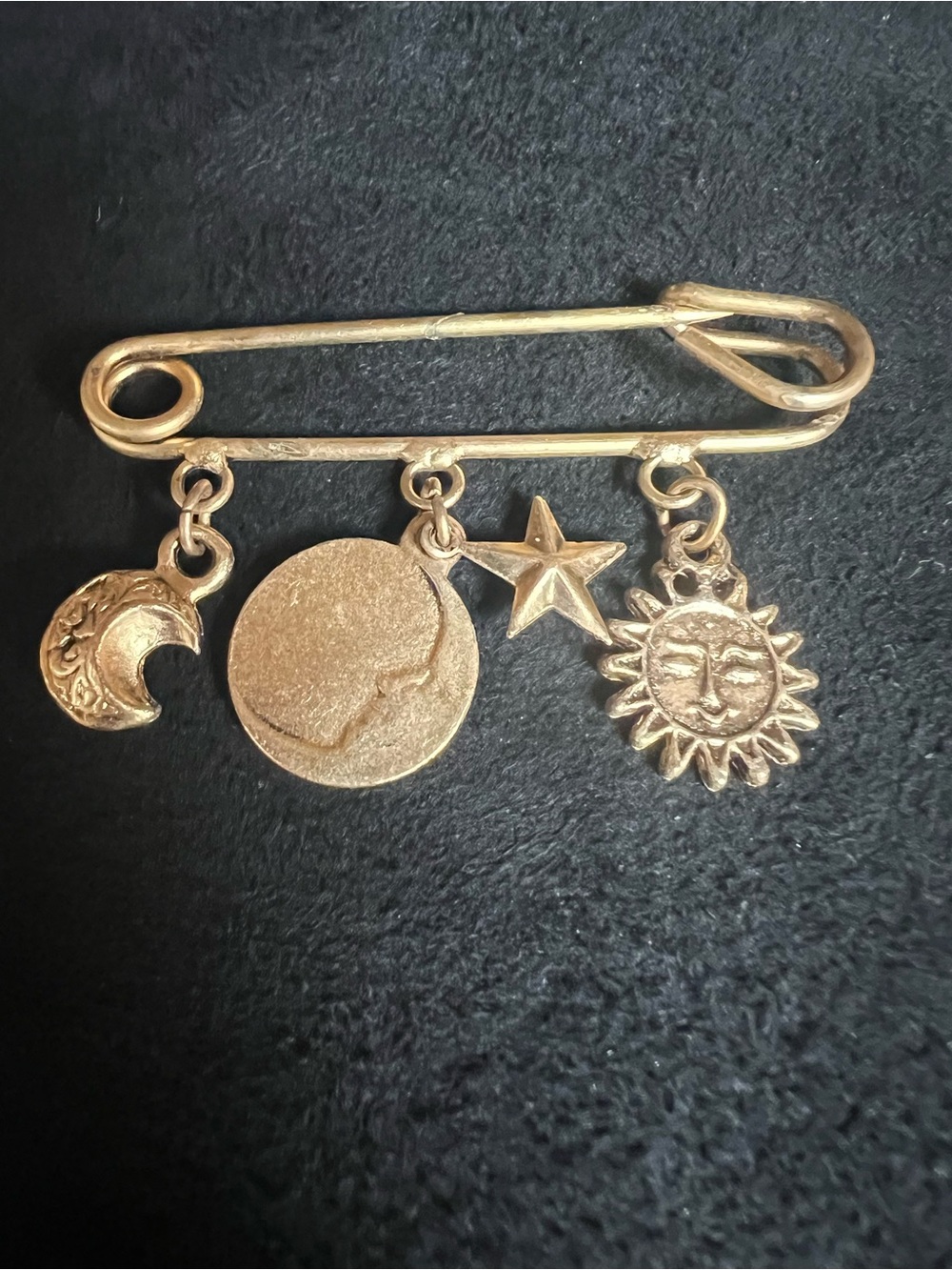 Gold Celestial Charm Safety Pin Brooch - Sun, Moon & Star